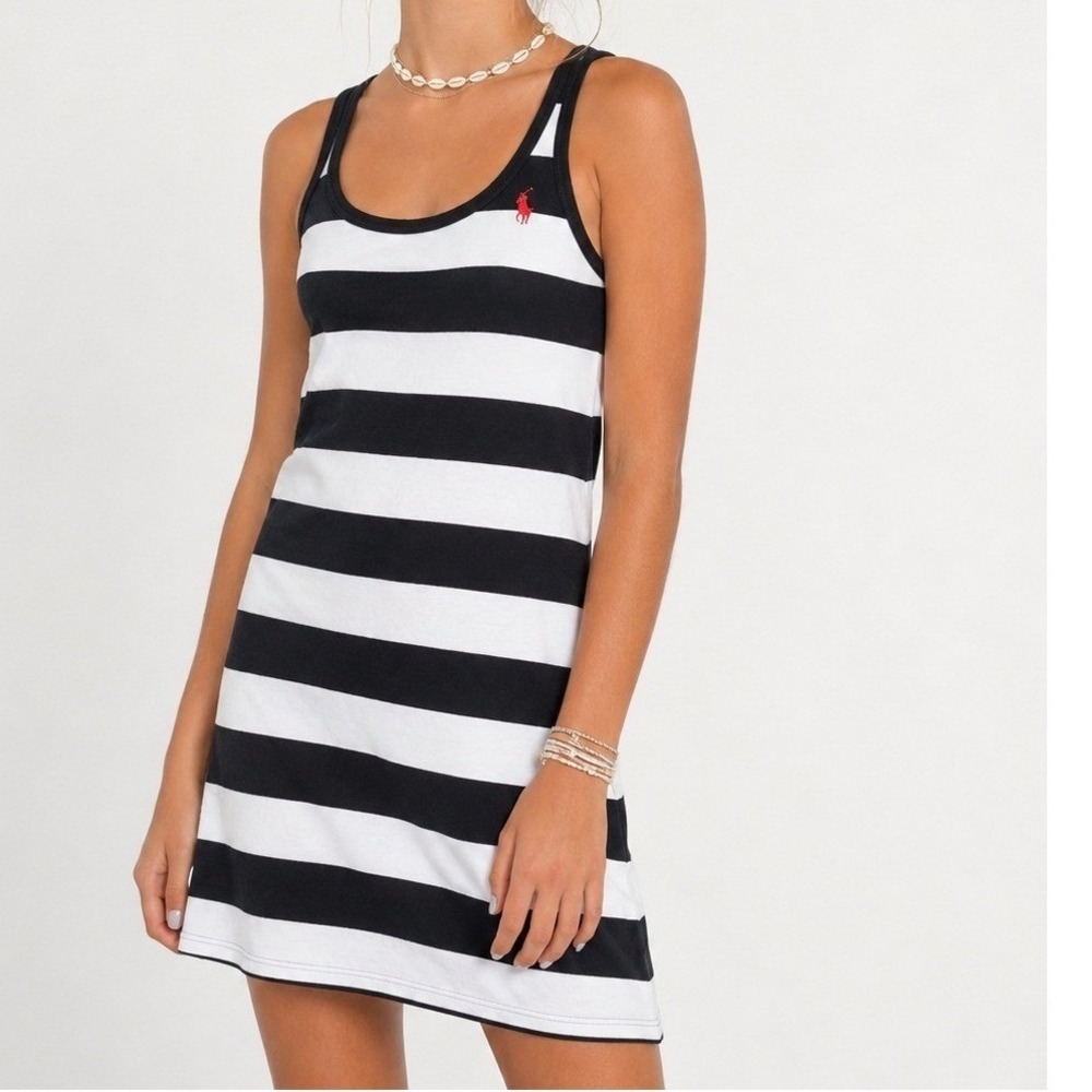 Ralph Lauren Sport Black White Striped Cotton Tank Dress Red Pony Logo  M